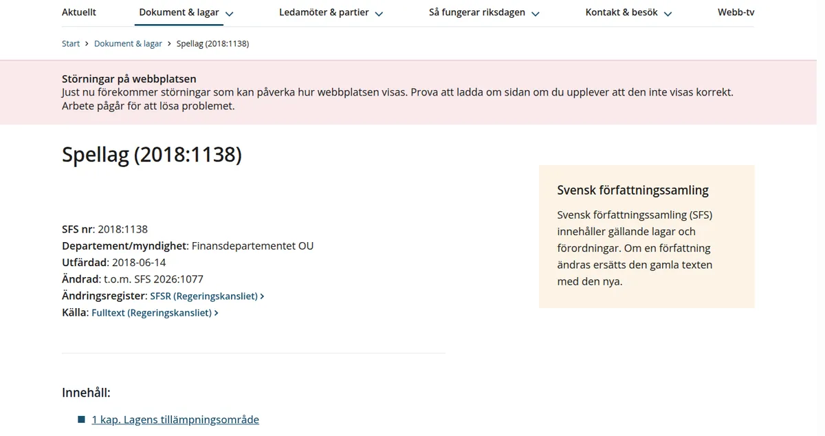 Spellagen i gällande lydelse hos riksdagen