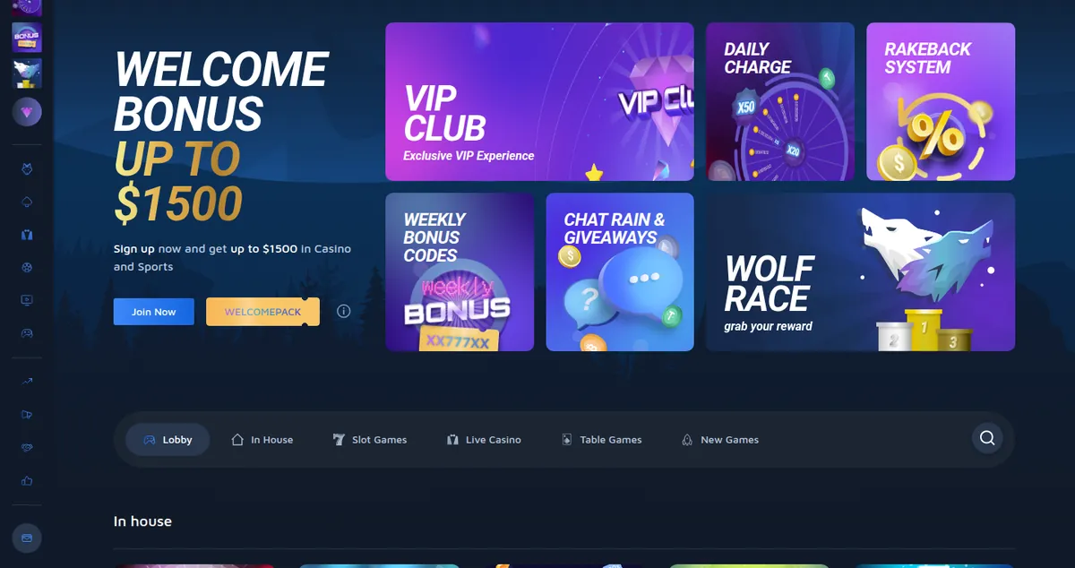 Startsidan hos spelsajten wolf.bet